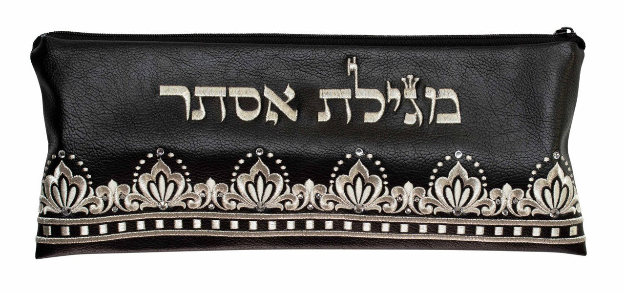 נרתיק מגילה עור שחור פרחים עם רוכסן #1020