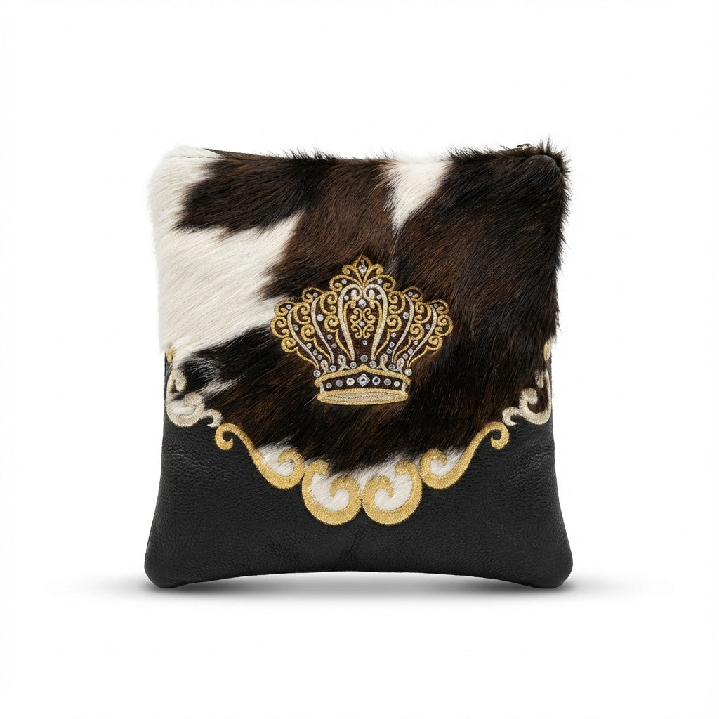 פרווה חום ולבן עור רקמה עיטורים וכתר זהב דגם 719