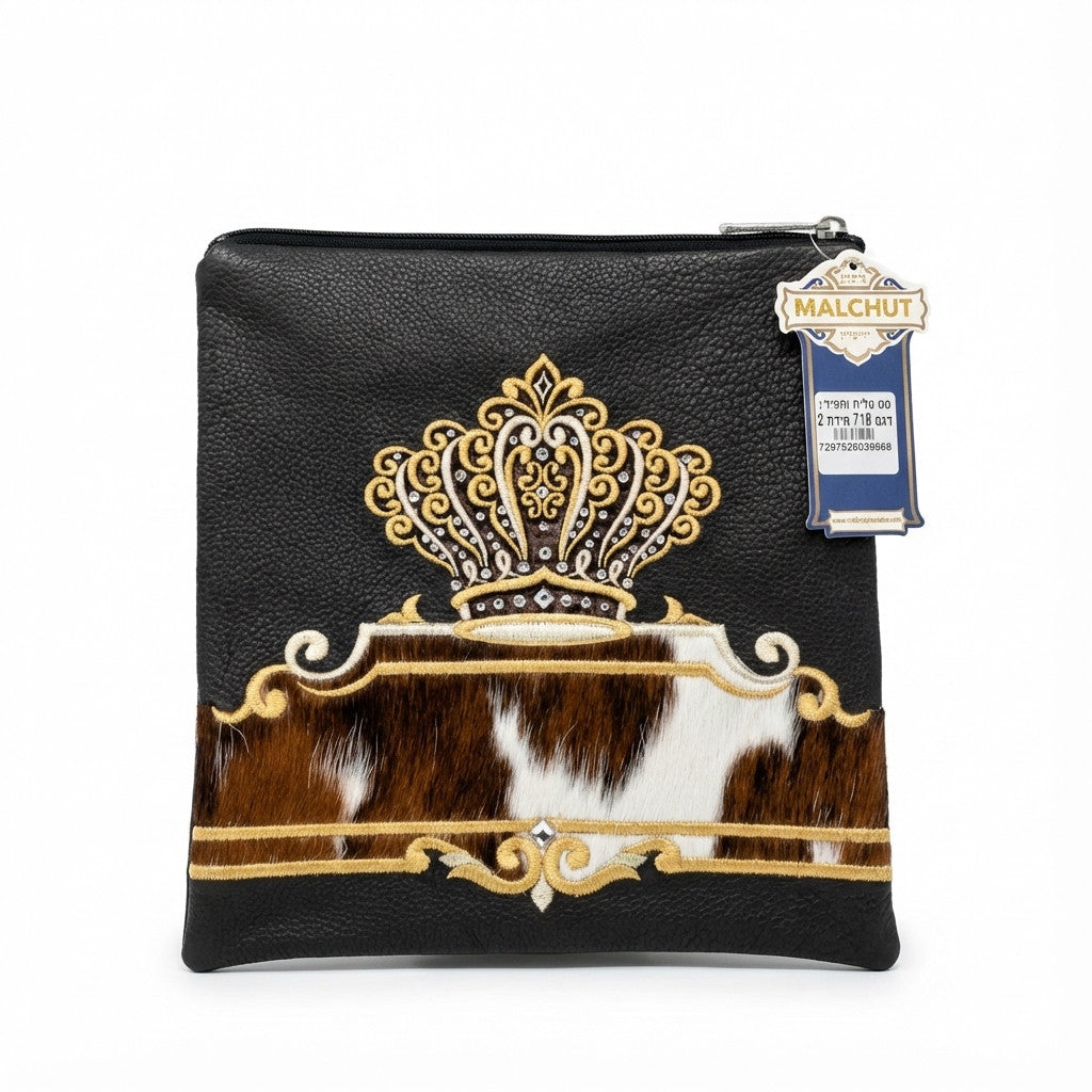 פרווה חום ולבן עור שחור רקמה זהב דגם 718