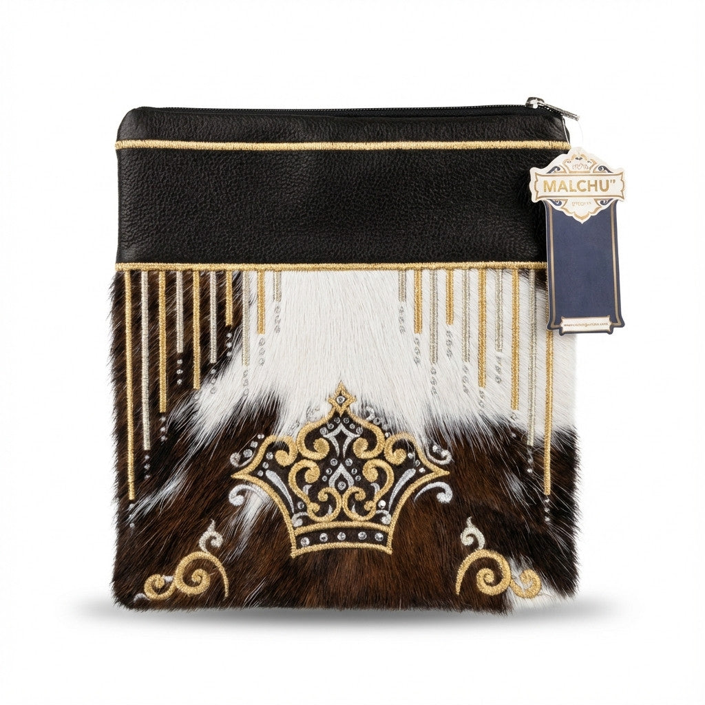 פרווה חום לבן עם כתר רקמה זהב דגם 724